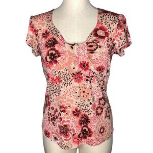 2/$30 T Shirt Womens L Blouse Top Short Sleeves Pink Beige Rhinestones Floral Pu